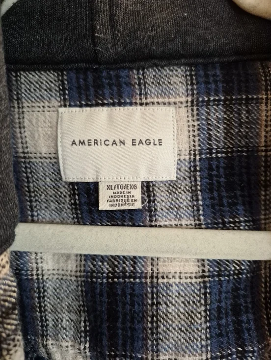 American Eagle Hooded Flannel Long Sleeve Button Up Shirt Blue Off White Size XL - Picture 4 of 5